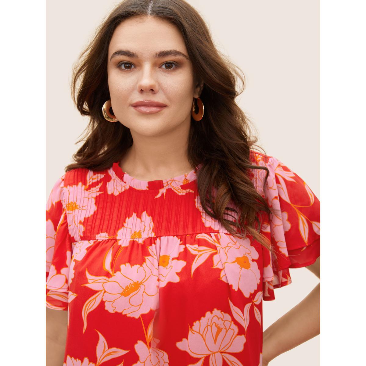 Plus Size Brightred Floral Stand Collar Pleated Tiered Ruffles Blouse Women Elegant Short sleeve Stand-up collar Everyday Blouses BloomChic 22-24/3X Product Image
