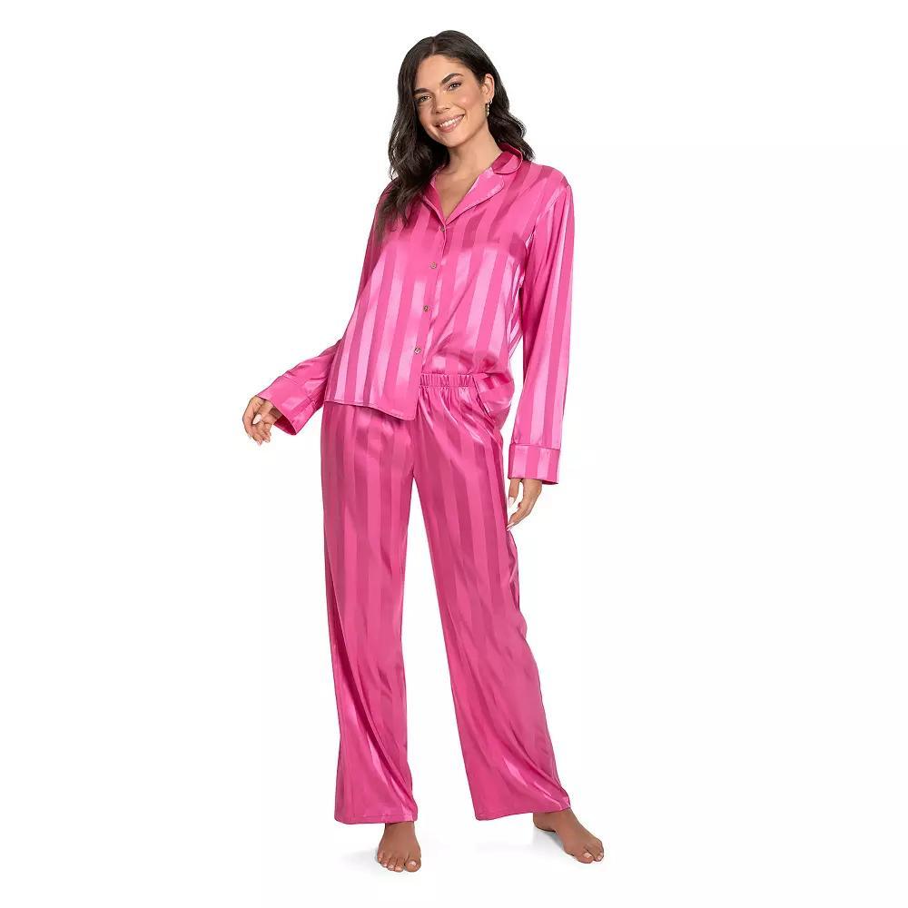 Women's Lilac+London Long Satin Notch Collar Pajama Top & Pajama Bottoms Set, Size: XXL LONG, Red Product Image
