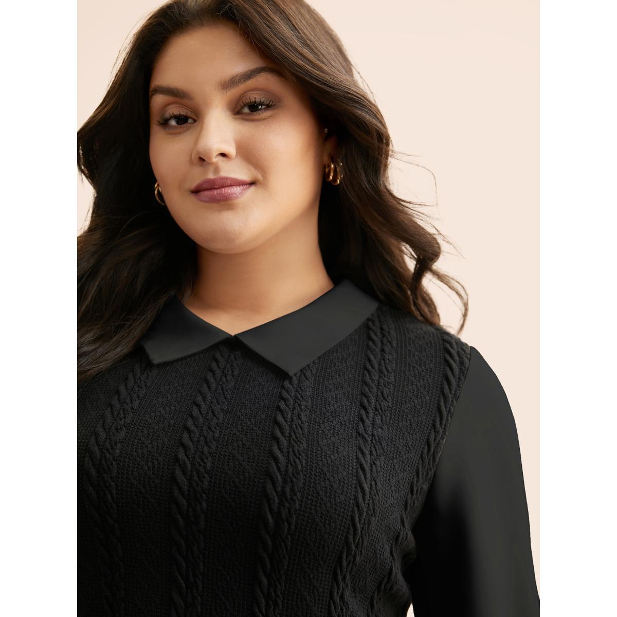 Plus Size Black Peter Pan Collar Patchwork Contrast Blouse Women Elegant Long Sleeve Peter Pan collar Everyday Blouses BloomChic 12/L Product Image