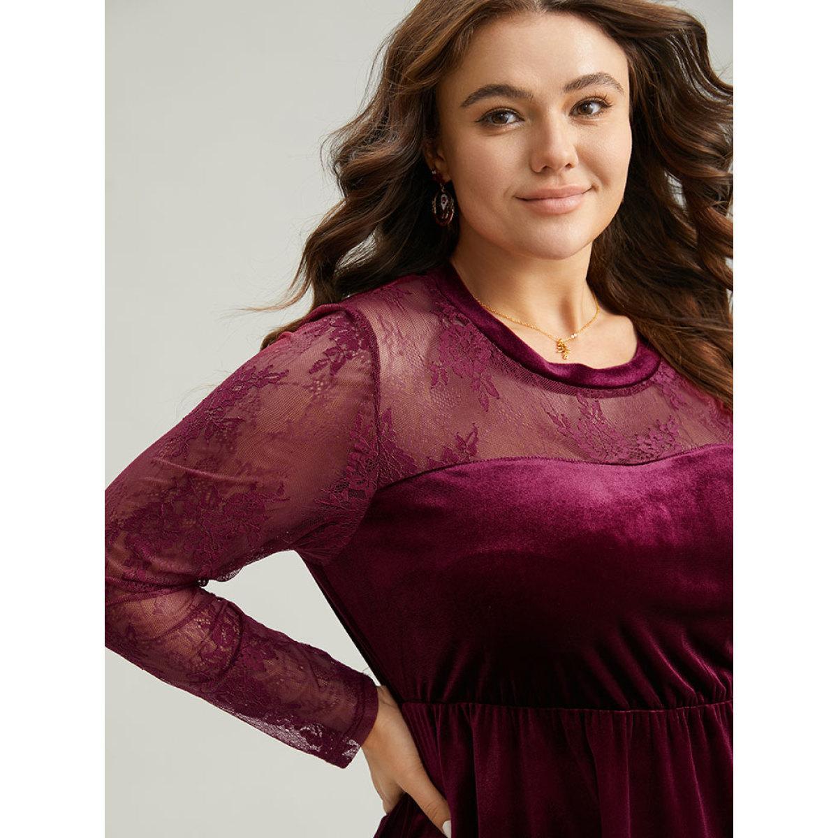 Plus Size Burgundy Velvet Patchwork Mesh Guipure Lace Gathered Blouse Women Elegant Long Sleeve Round Neck Festival-Christmas Blouses BloomChic 18-20/2X Product Image