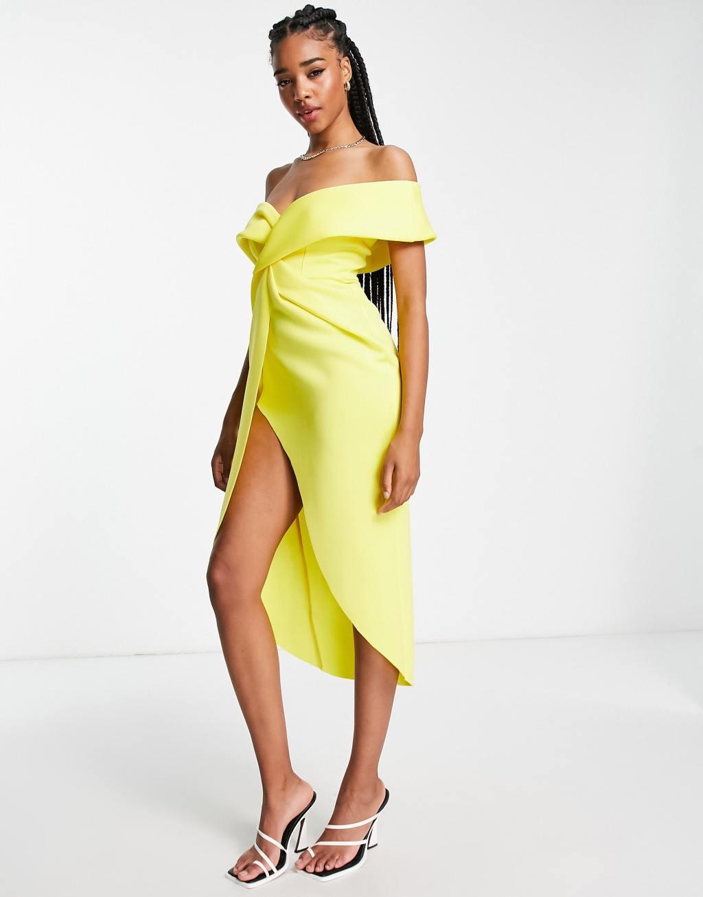 ASOS DESIGN Tall off shoulder twist front wrap midi pencil dress Product Image