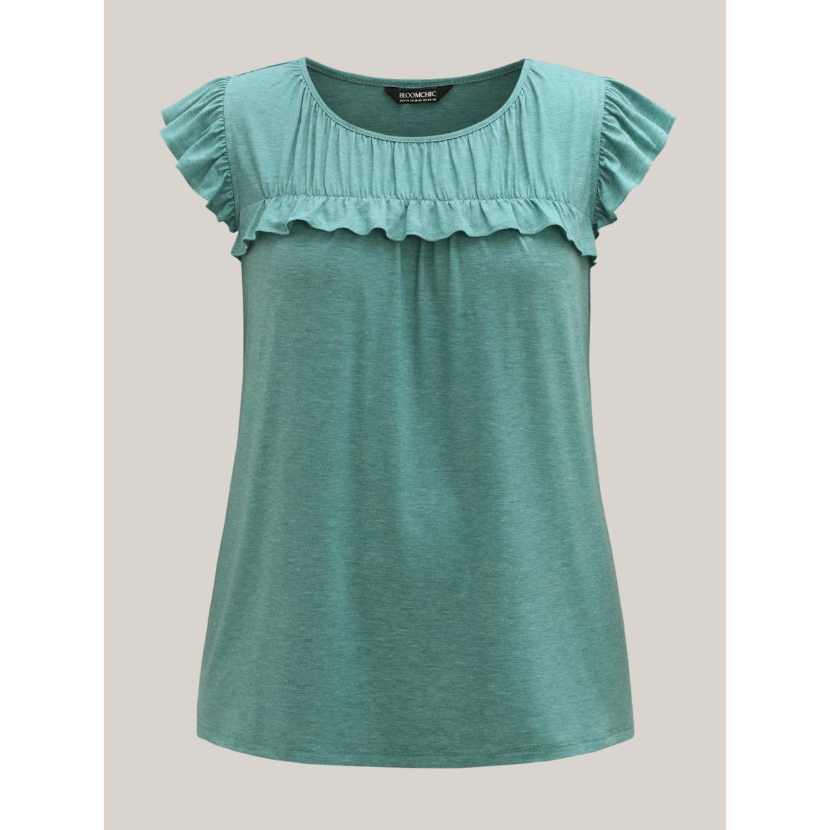 Plus Size Pleated Neckline Flutter Sleeve Tank Top Women Emerald Gathered Round Neck Everyday-Casual Tank Tops Camis BloomChic 28/5X Product Image
