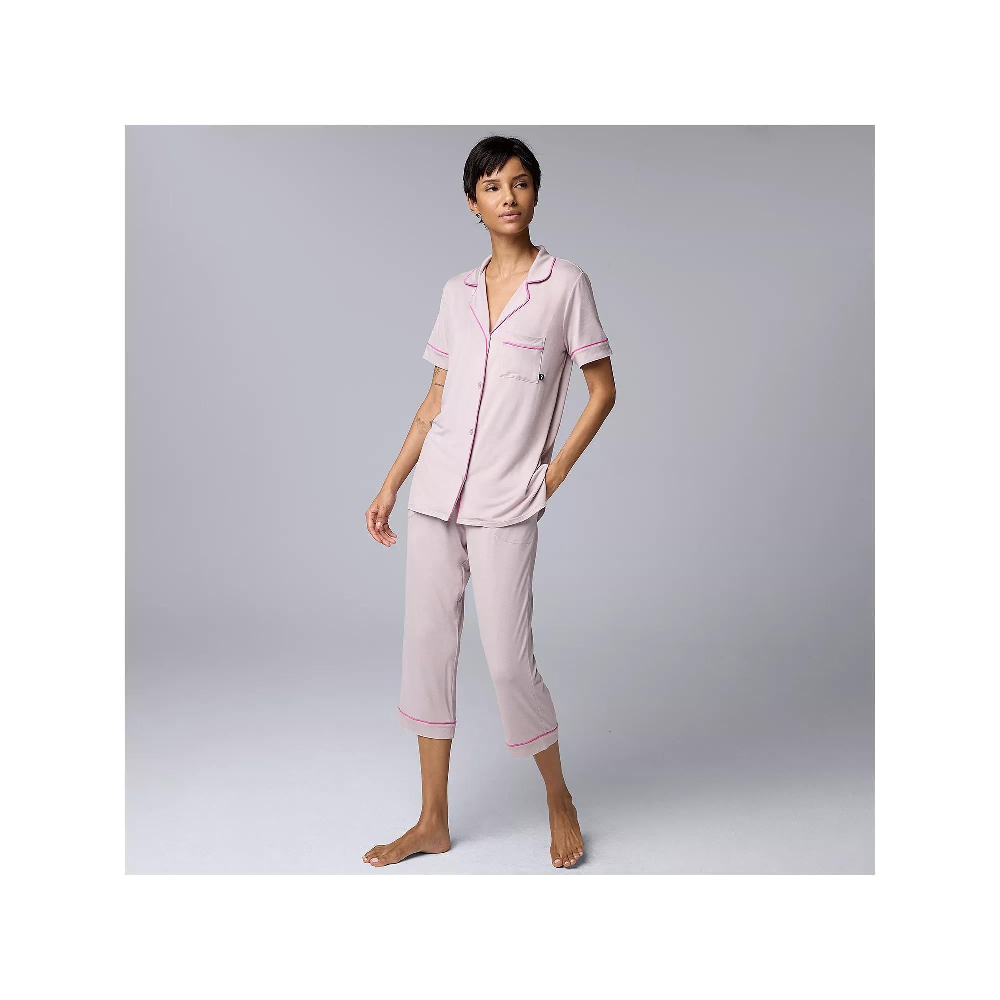 Women's Simply Vera Vera Wang Basic Luxury Notch Collar Pajama Shirt & Pajama Capris Set, Size: XS, Black Product Image