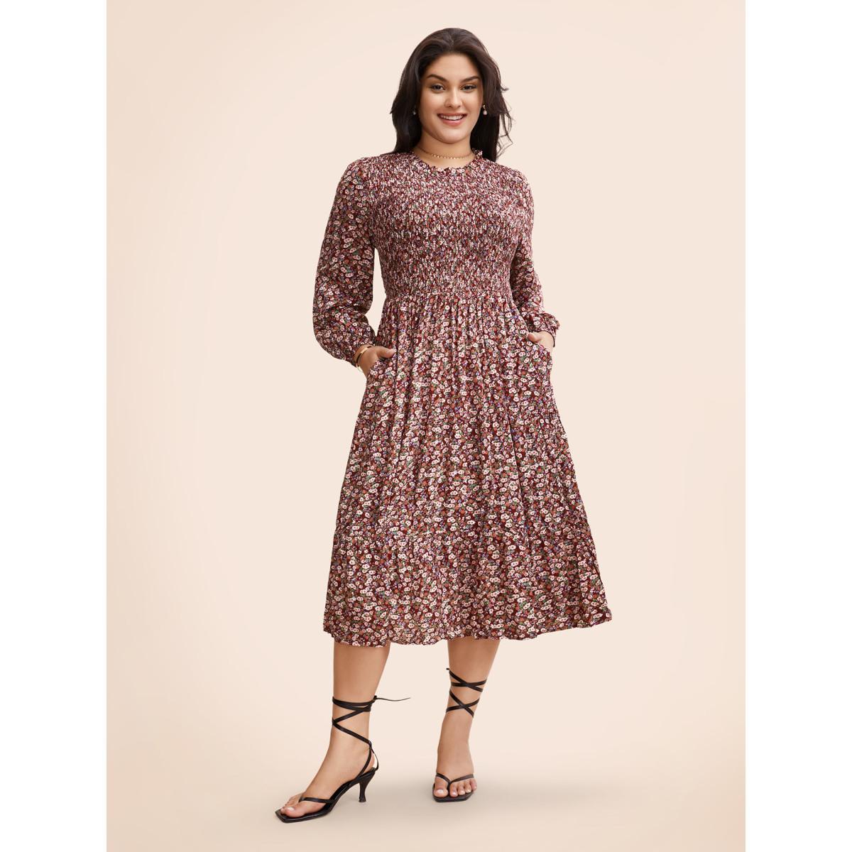 Plus Size Ditsy Floral Shirred Pocket Pleated Frill Trim Dress Scarlet Women Elegant Elastic cuffs Round Neck Long Sleeve Curvy Midi Dress BloomChic 14-16/1X Product Image