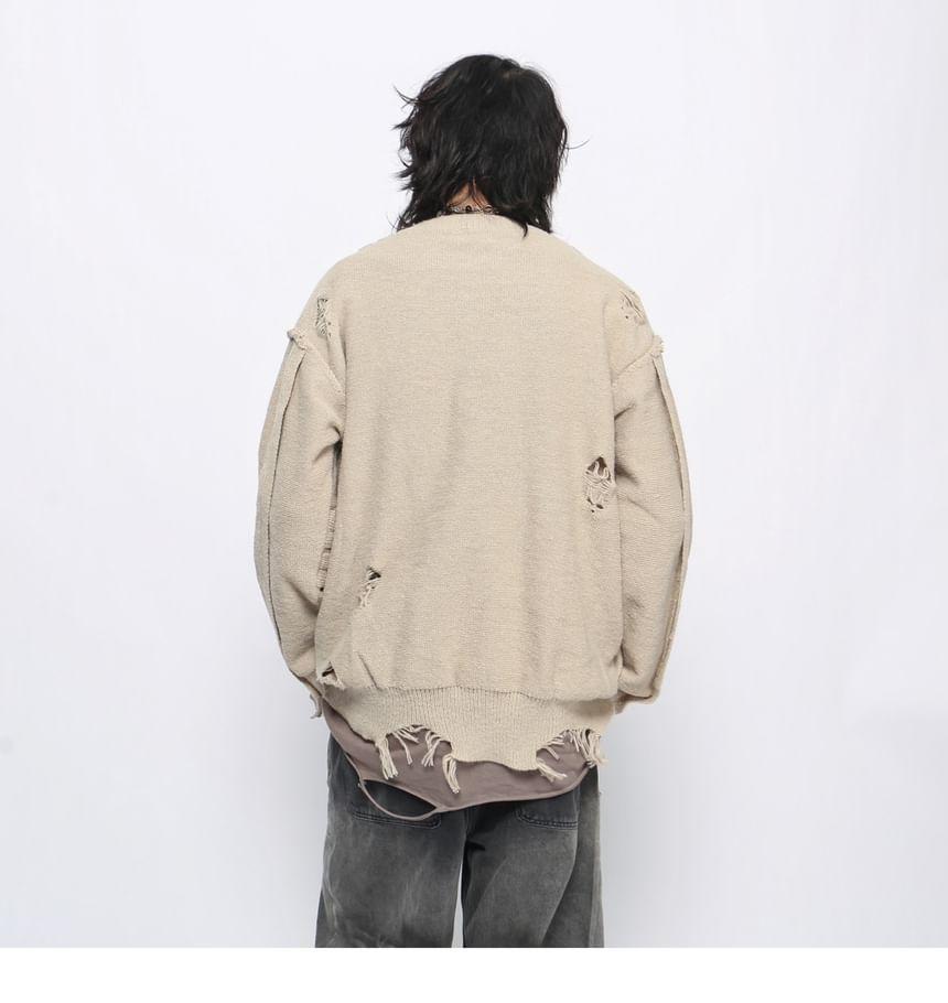 Crew Neck Plain Distressed Sweater Product Image