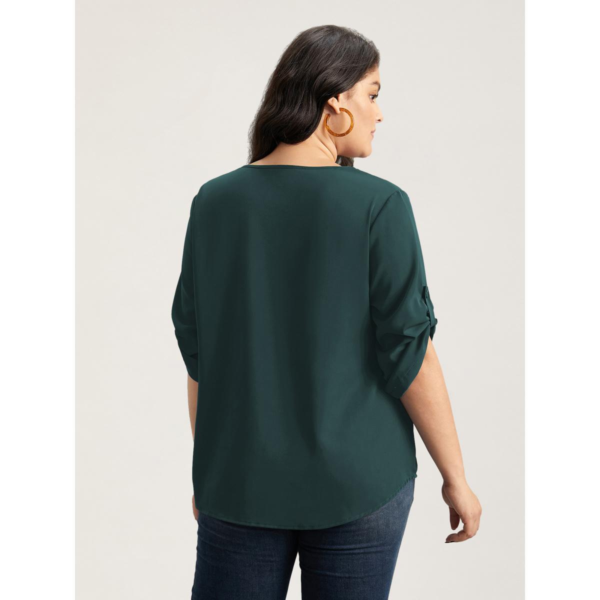 Plus Size Cyan V Neck Plain Pleated Tab Sleeve Blouse Women At the Office Elbow-length sleeve V-neck Work Blouses BloomChic 18-20/2X Product Image