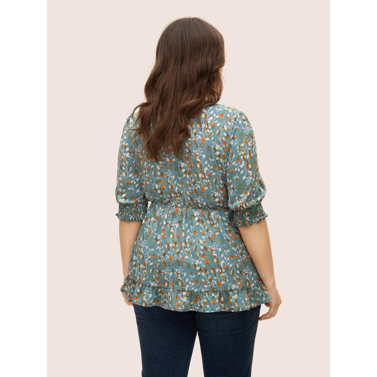 Plus Size Stone Ditsy Floral Ruffles Shirred Puff Sleeve Blouse Women Elegant Half Sleeve Square Neck Everyday Blouses BloomChic 12/L Product Image