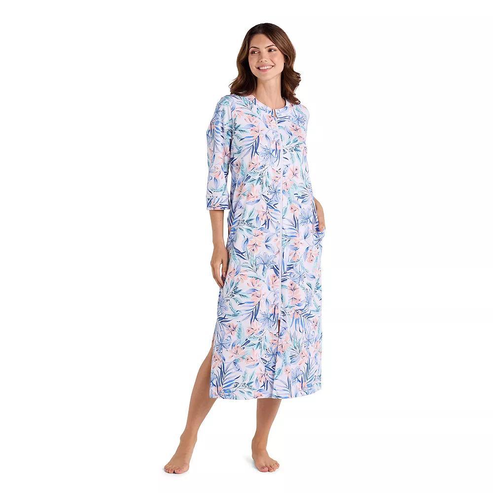 Petite Miss Elaine Essentials Interlock Knit Long Zip Robe, Women's, Size: Large Petite, Tropical Floral Product Image