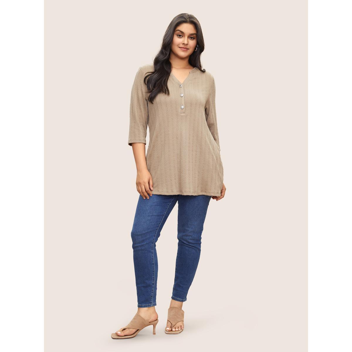 Plus Size Soldi Cable Knit Pocket Button Up T-shirt LightBrown Women Casual Non Plain V-neck Everyday T-shirts BloomChic 18-20/2X Product Image