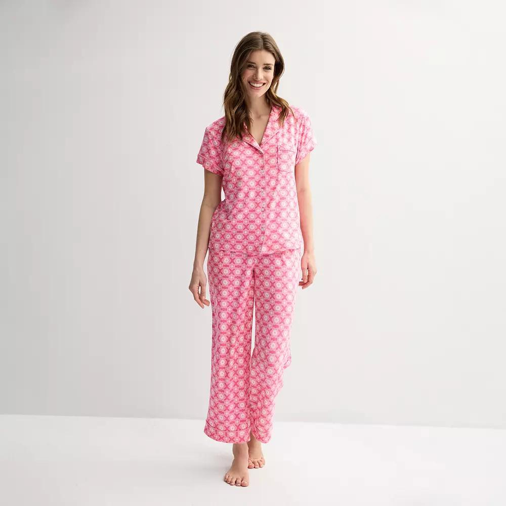 Women's Draper James 2-Piece Printed Cozy Short Sleeve Notch Collar Pajama Top & Pajama Pants Set, Size: XXL, Aurora Pink Geo Product Image