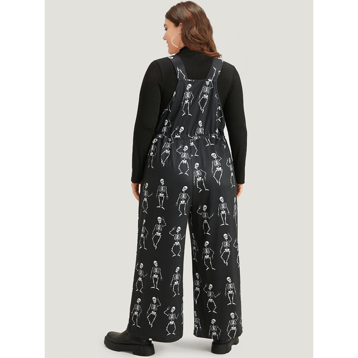 Plus Size Black Halloween Skull Print Pocket Ties Cami Jumpsuit Women Casual Sleeveless Spaghetti Strap Festival-Halloween Loose Jumpsuits BloomChic 12/L Product Image