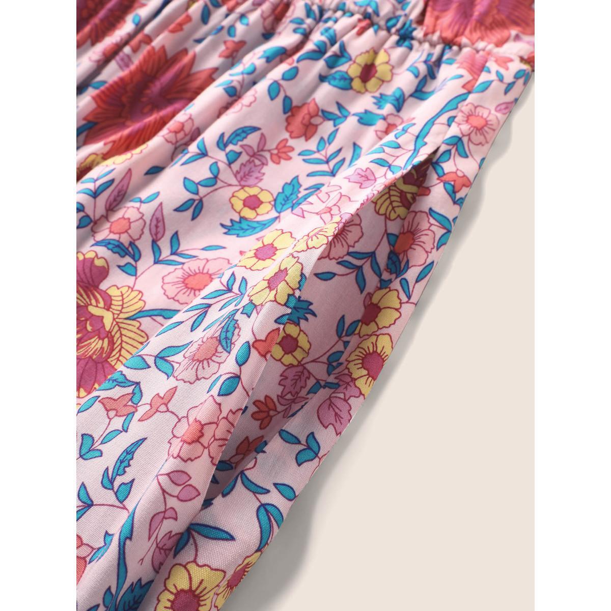 Plus Size Floral Elastic Waist Patchwork Cami Dress MistyRose Women Resort Belted Non Sleeveless Curvy Midi Dress BloomChic 30/6X Product Image