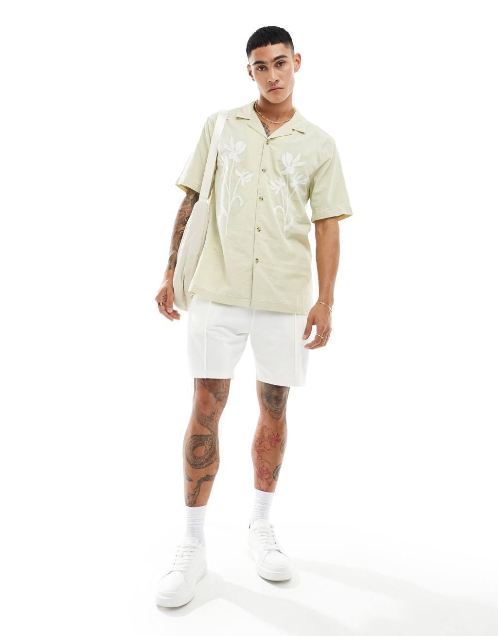 Cotton On linen blend relaxed shirt with floral embroidery  Product Image