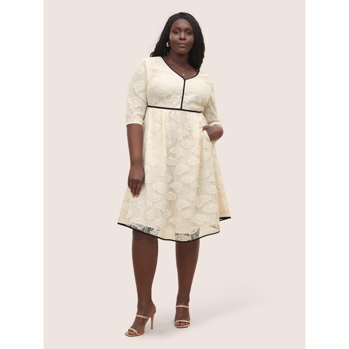 Plus Size Contrast Trim Lace V Neck Dress Apricot Women Elegant Non V-neck Elbow-length sleeve Curvy Midi Dress BloomChic 18-20/2X Product Image