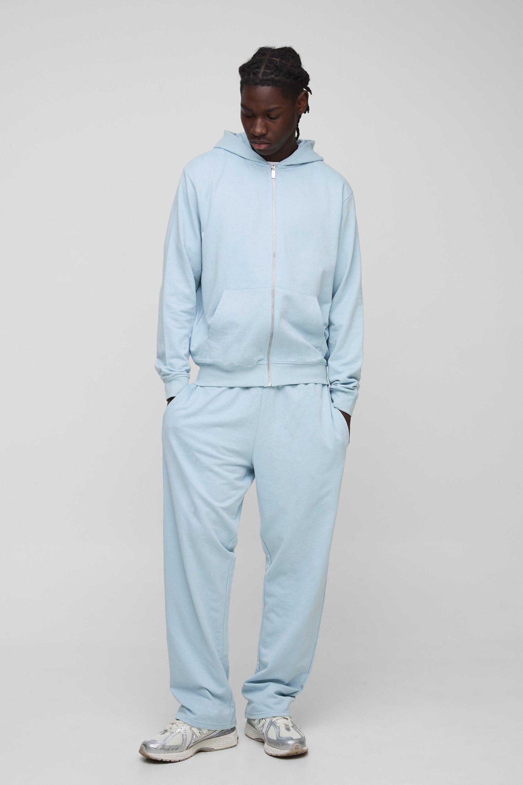 Mens 260GSM Loopback Basic Regular Fit Zip Through Hoodie and Straight Leg Sweatpants Set - Blue Product Image