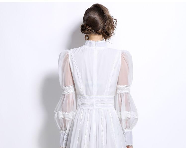 Cinched Sleeve Stand Collar Plain Panel Mesh Maxi A-Line Dress Product Image