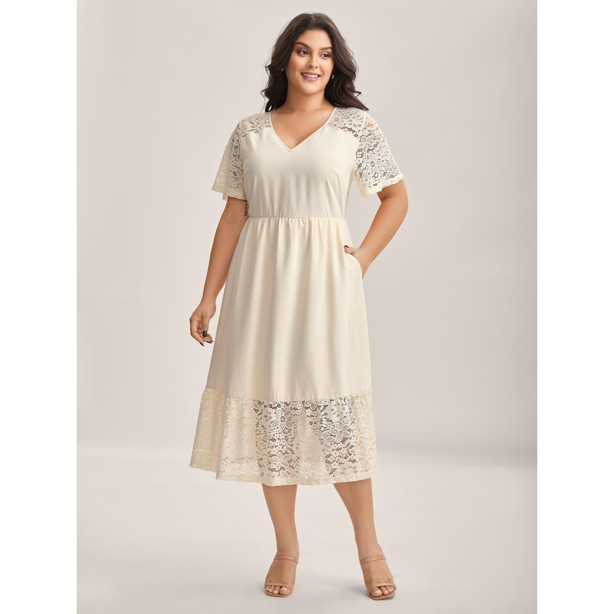 Plus Size Sheer Lace Pockets Solid Midi Dress Apricot Women V-neck Short sleeve Curvy BloomChic 14-16/1X Product Image