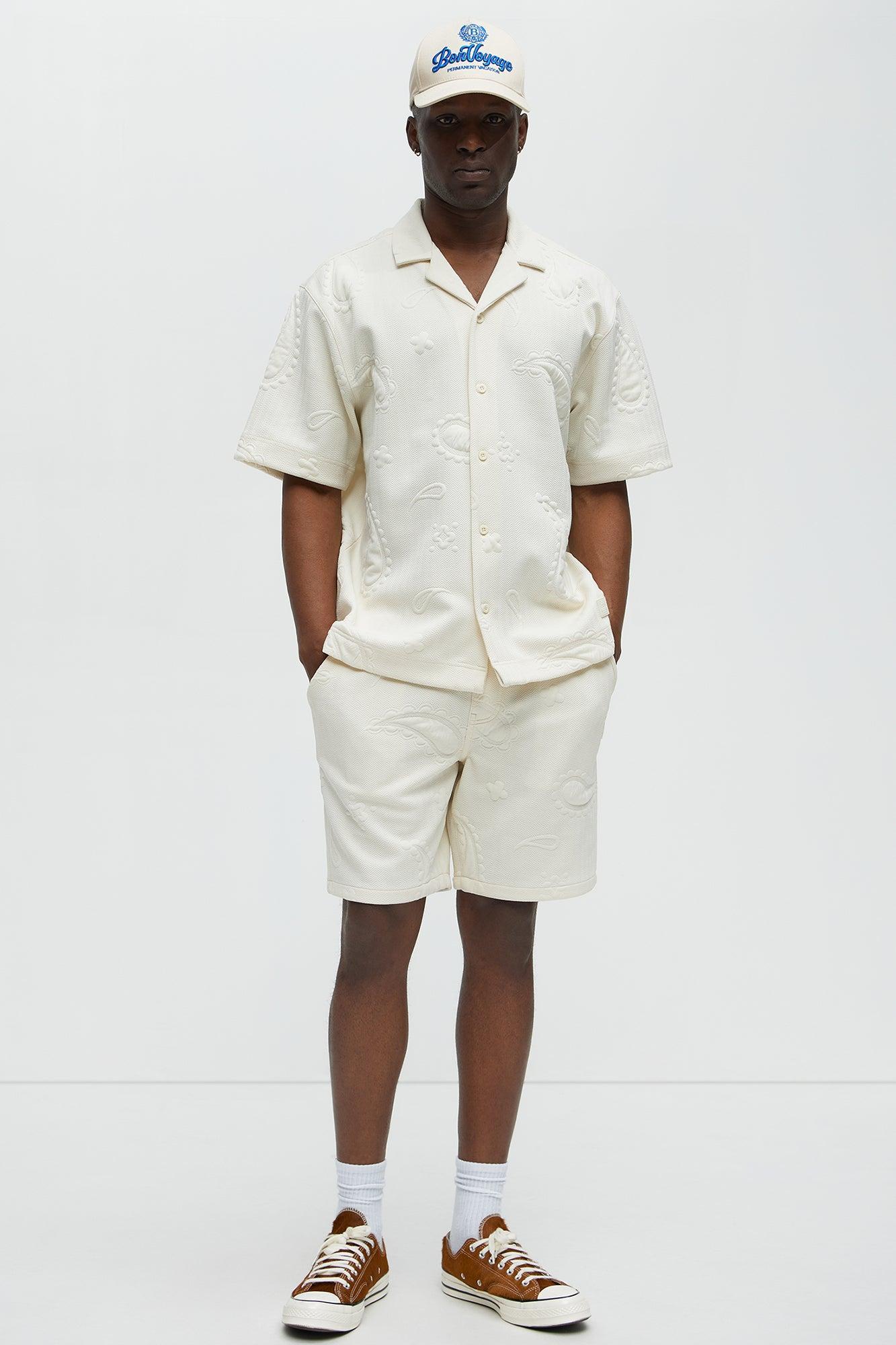 Heavyweight Textured Jacquard Knit Button Up Shirt - Off White Product Image