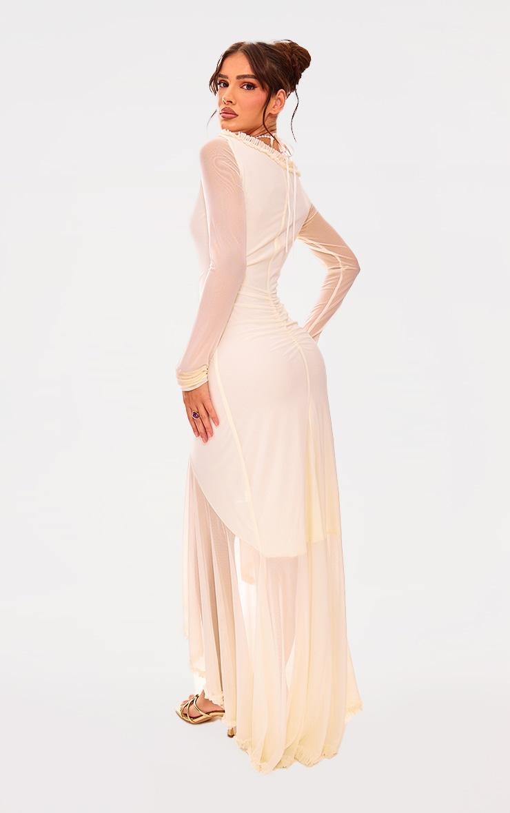Cream Mesh Long Sleeve Frill Detail Cut Out Maxi Dress Product Image