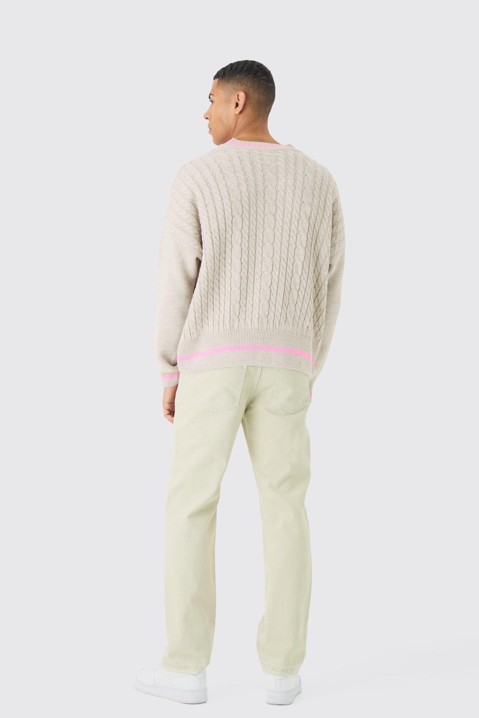 Oversized Boxy Cable Knit V Neck Sweater | boohooMAN USA Product Image
