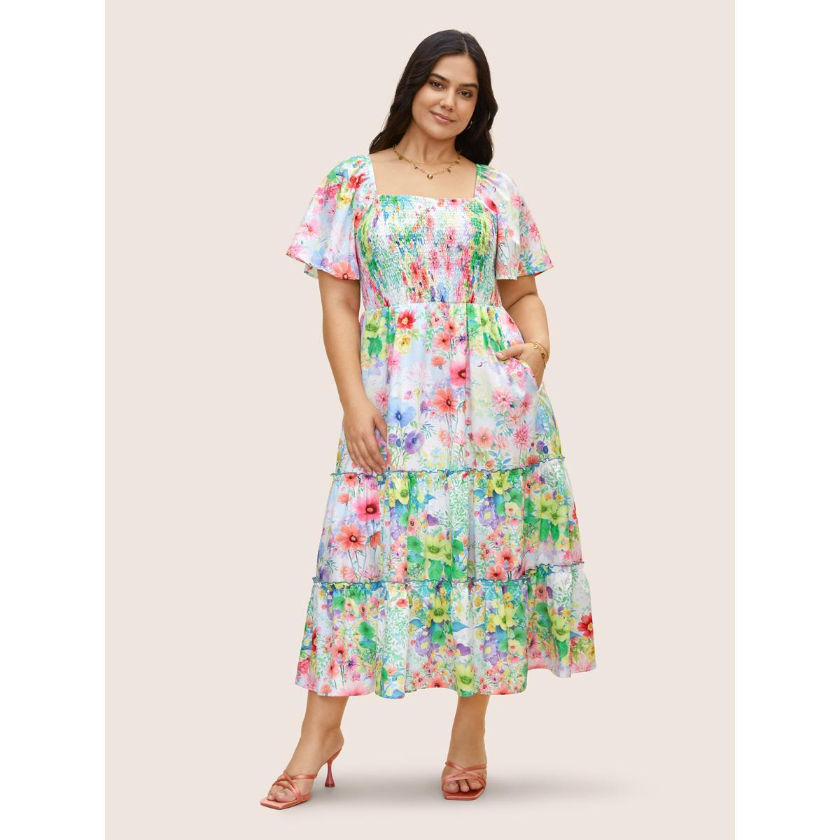 Plus Size Square Neck Floral Shirred Ruffle Layered Hem Dress Originalwhite Women Elegant Shirred Square Neck Short sleeve Curvy BloomChic 30/6X Product Image