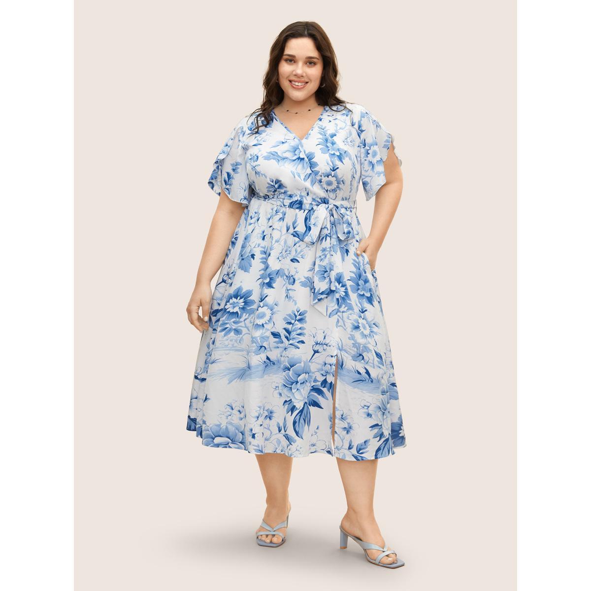 Plus Size Floral Wrap Petal Sleeve Belted Dress Originalwhite Women Elegant Belted Overlap Collar Half Sleeve Curvy BloomChic 18-20/2X Product Image