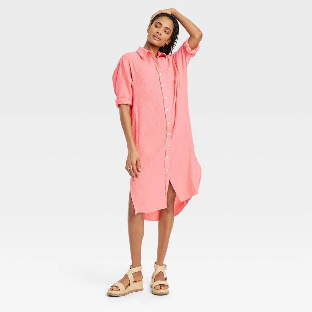 Women's 3/4 Sleeve Midi Shirtdress - Universal Thread™ Coral XL: Cotton, Lightweight, Front Button Down, Seam Pocket Product Image