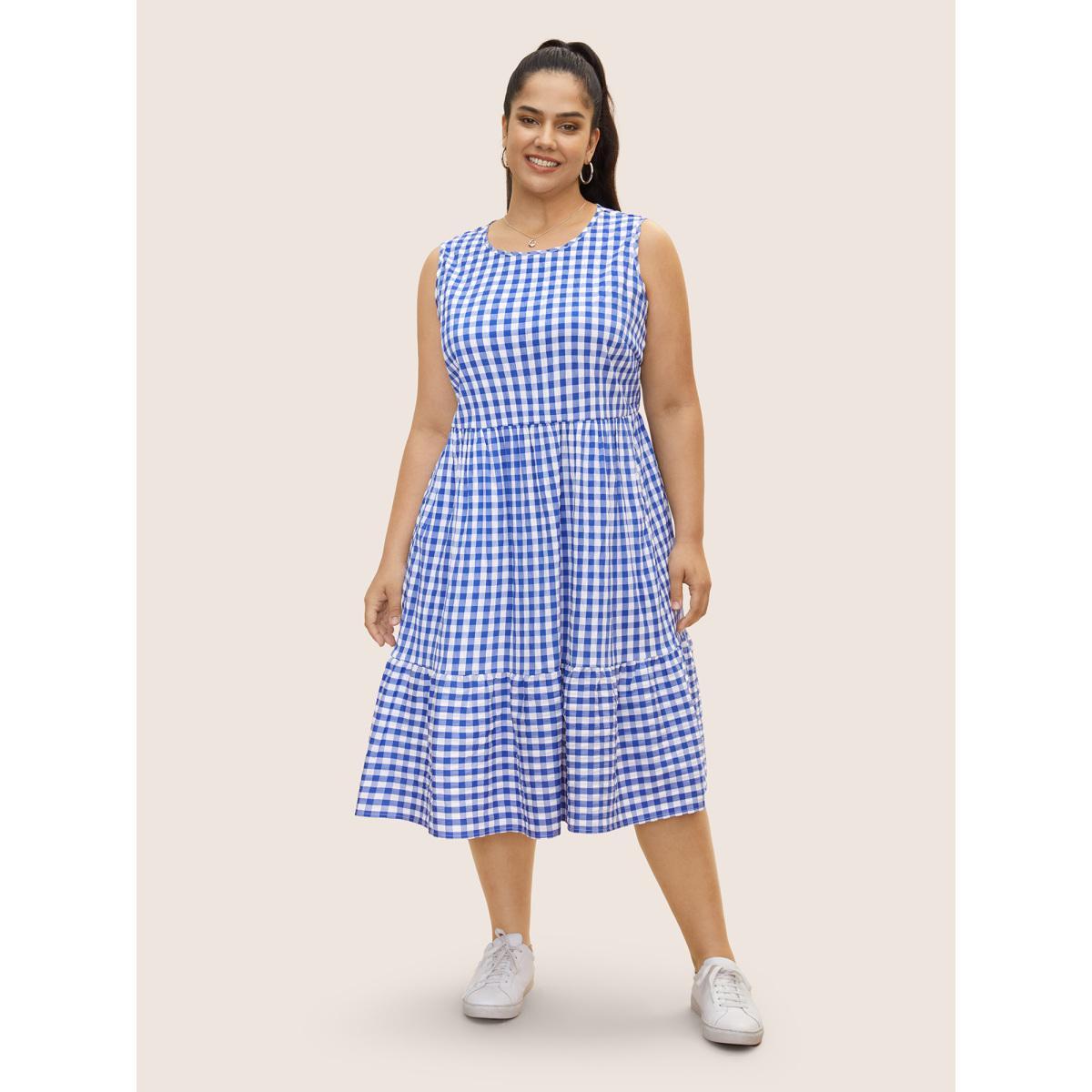 Plus Size Gingham Ruffle Layered Hem Tank Midi Dress Brightblue Women Casual Gathered Round Neck Sleeveless Curvy BloomChic 12/L Product Image