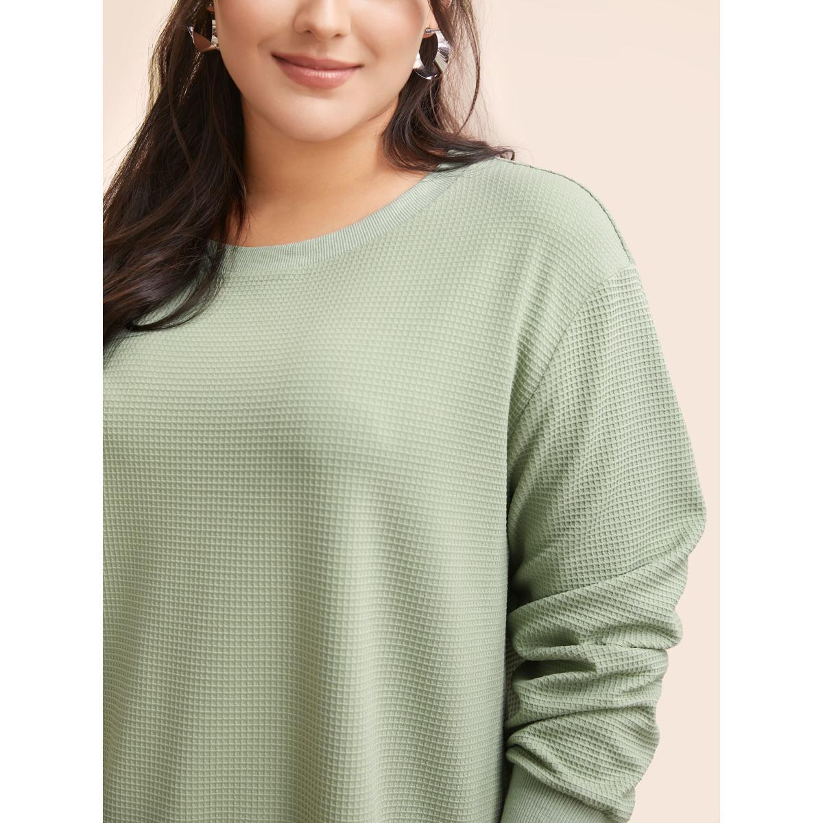 Plus Size Plain Textured Split Hem Sweatshirt Women Greenbean Casual Texture Loose Round Neck Everyday Sweatshirts BloomChic 12/L Product Image
