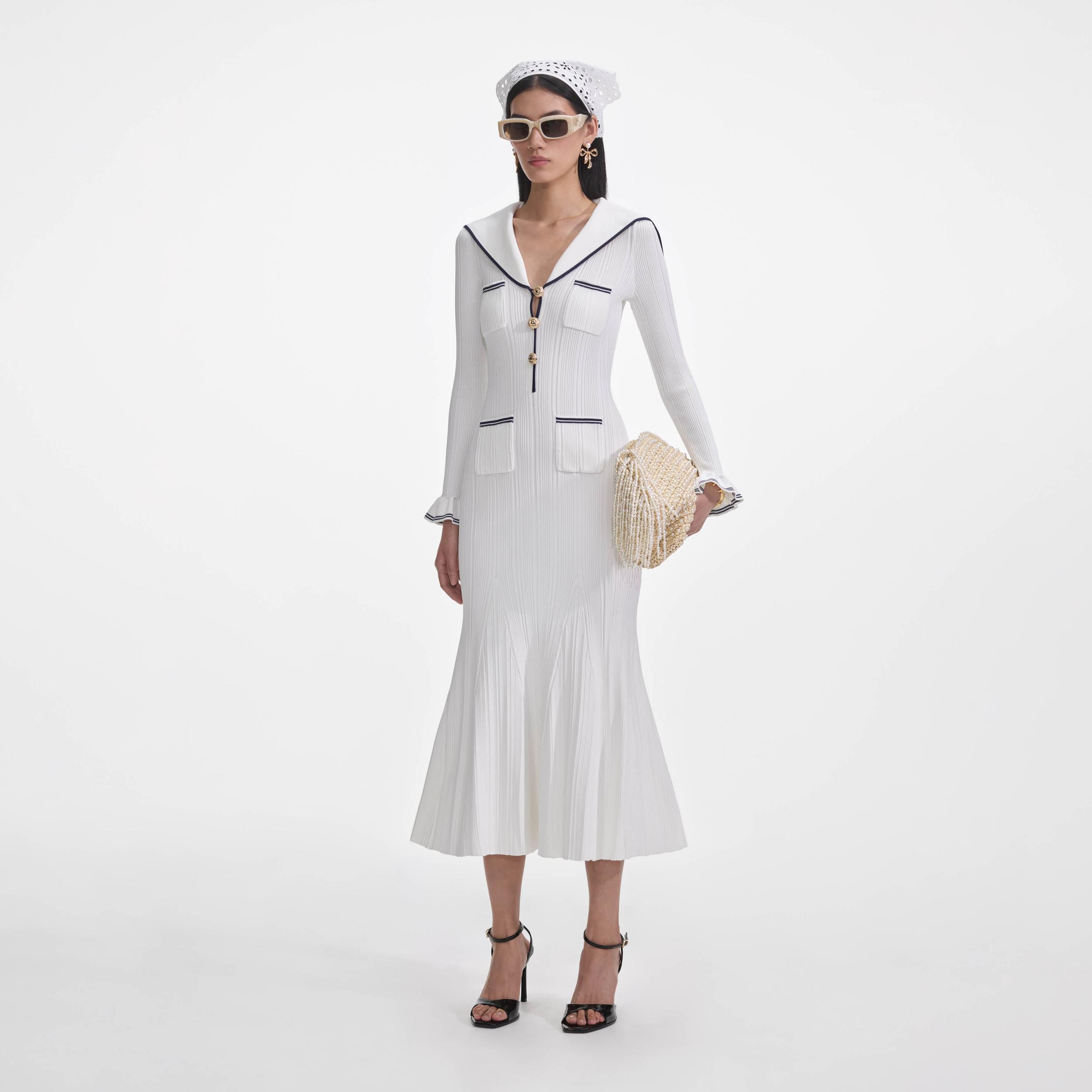 White Viscose Rib Knit Midi Dress Product Image
