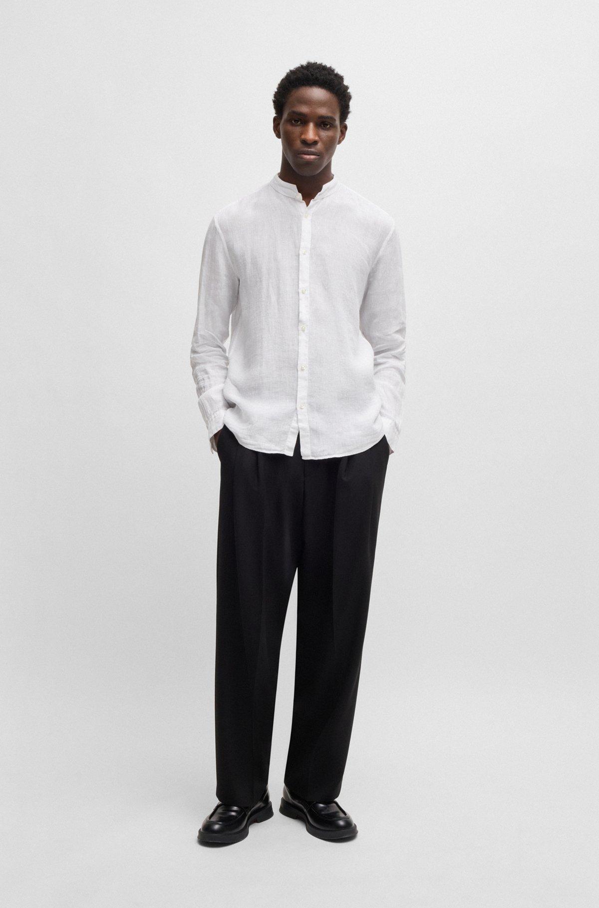 Slim-fit linen shirt with stand collar Product Image