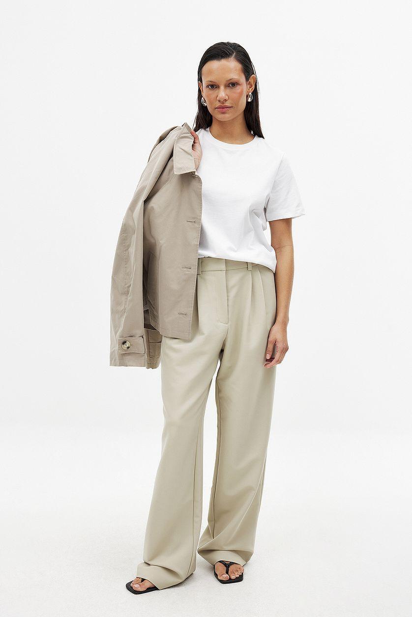 High Waist Pleated Wide Leg Pants Beige Product Image