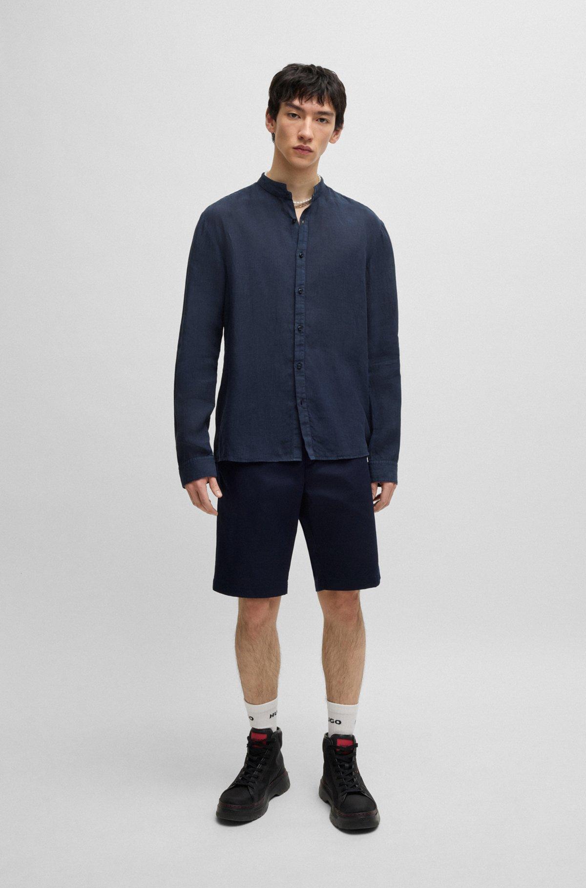 Slim-fit linen shirt with stand collar Product Image