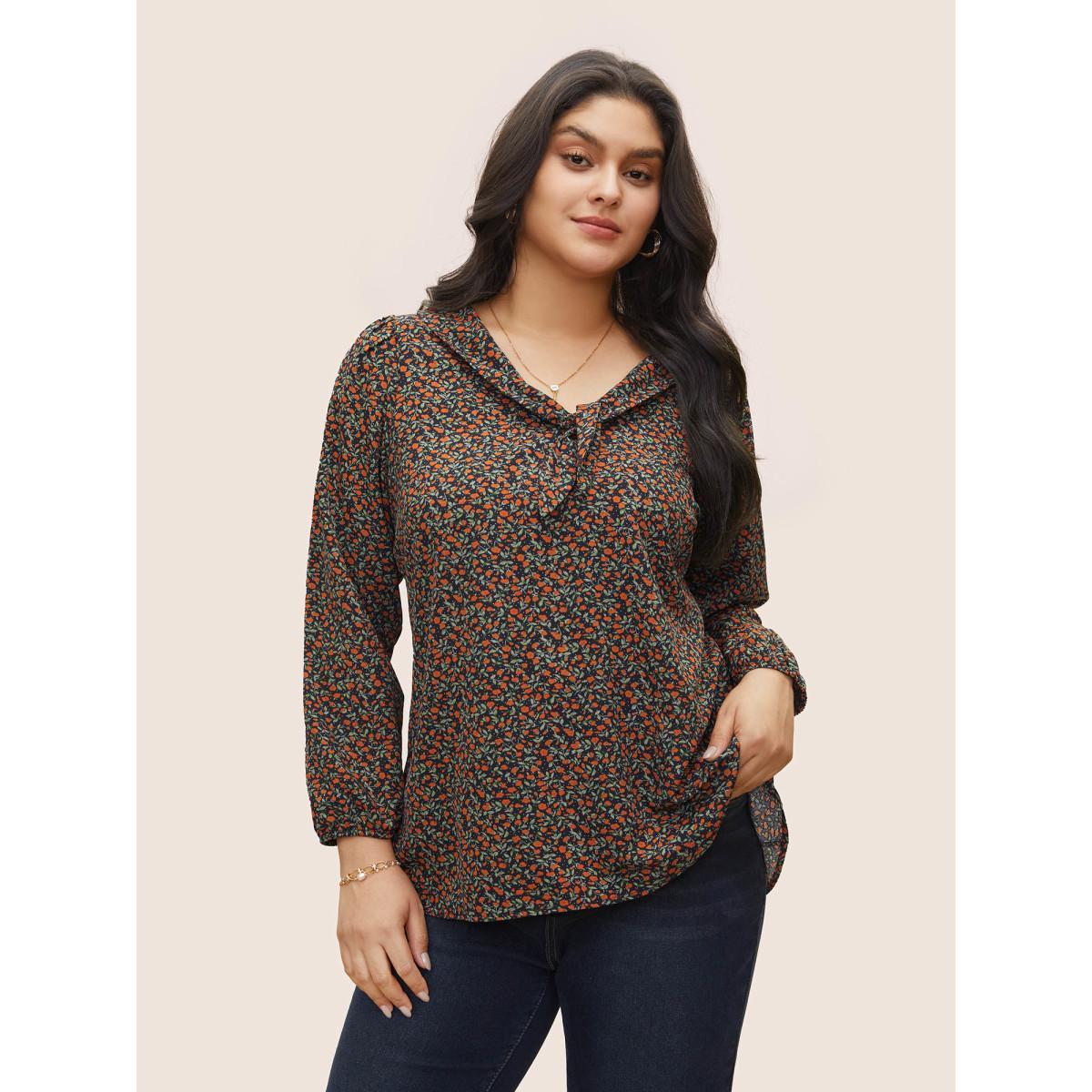 Plus Size Indigo Ditsy Floral Ties Elastic Cuffs Blouse Women Elegant Long Sleeve V-neck Everyday Blouses BloomChic 22-24/3X Product Image