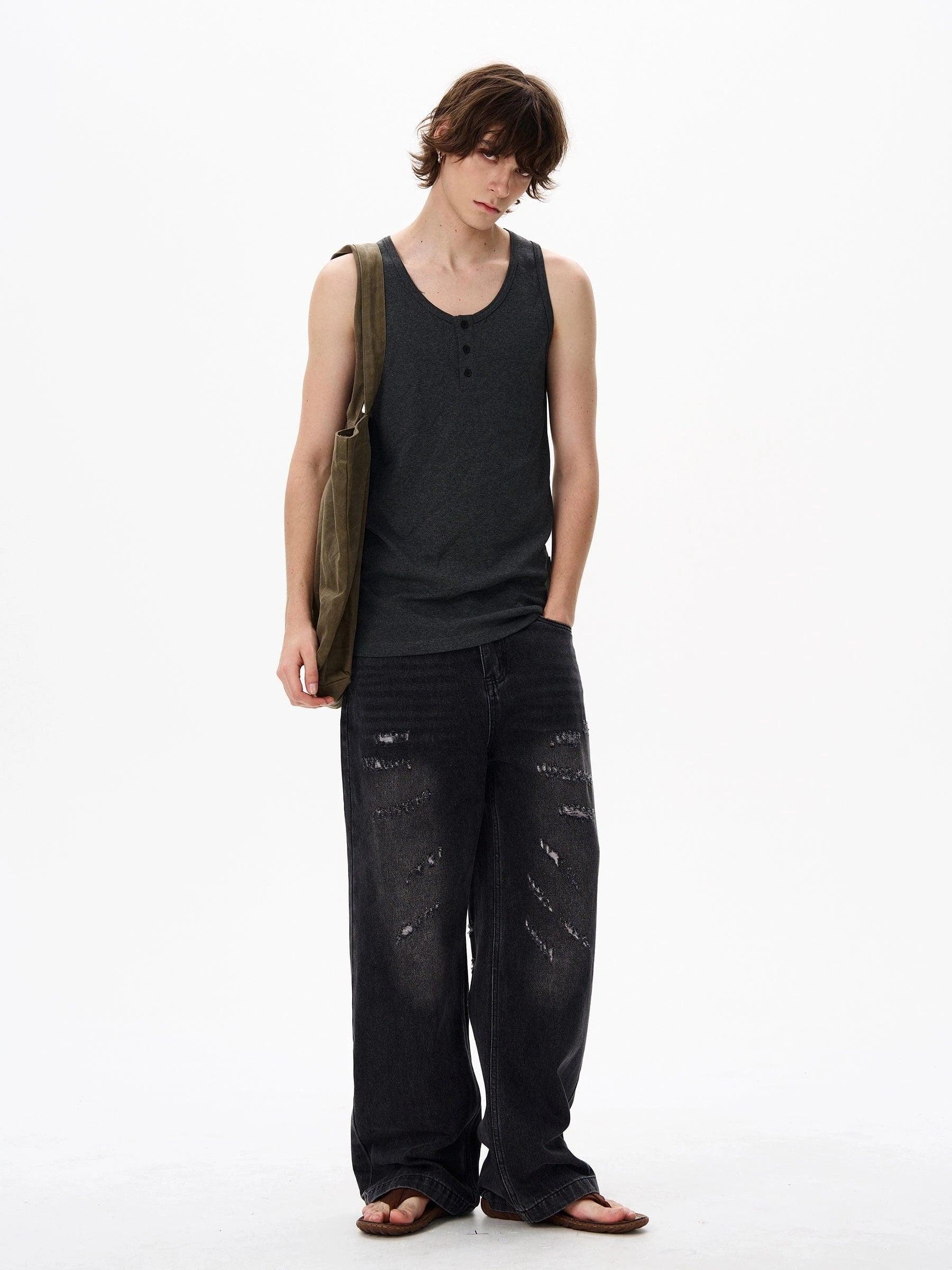 RT No. 18145 DARK GRAY DISTRESSED STRAIGHT JEANS Product Image