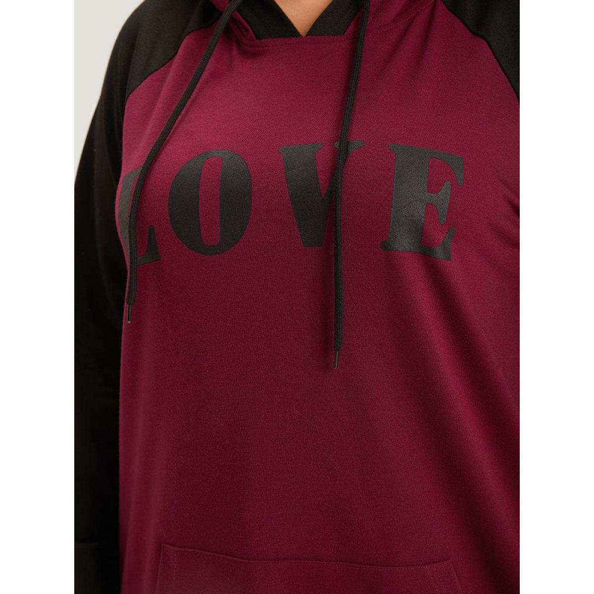 Plus Size Letter Print Contrast Hooded Pocket Drawstring Sweatshirt Women ArmyGreen Casual Elastic cuffs Dailywear Sweatshirts BloomChic 14-16/1X Product Image