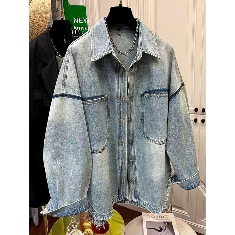 Collar Washed Denim Button Jacket Product Image