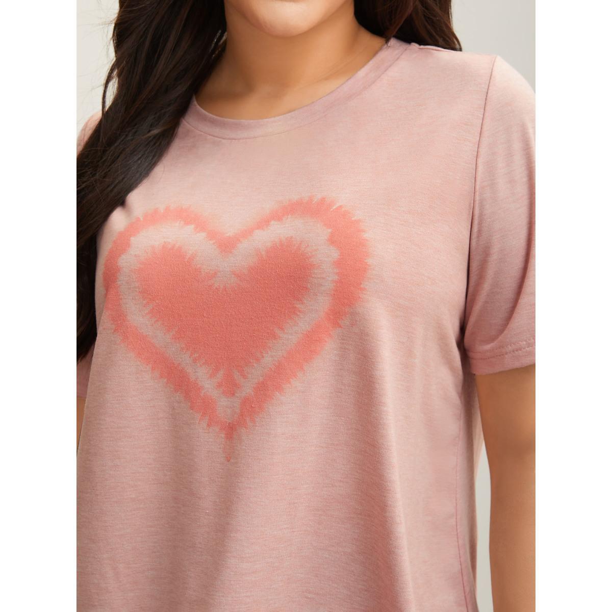 Plus Size Supersoft Heart Motif Tie-Dye Stretchy T-Shirt Lightpink Women Casual Non Round Neck Everyday T-shirts BloomChic 26/4X Product Image