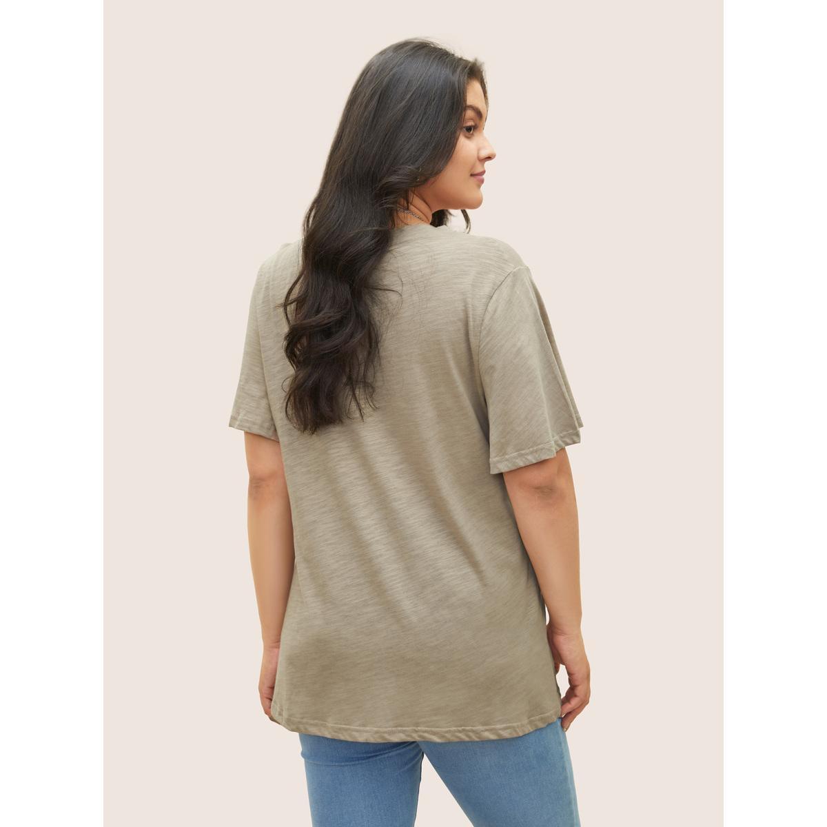 Plus Size Plain Ruffle Sleeve Heather V Neck T-shirt LightBrown Women Casual Plain V-neck Everyday T-shirts BloomChic 28/5X Product Image