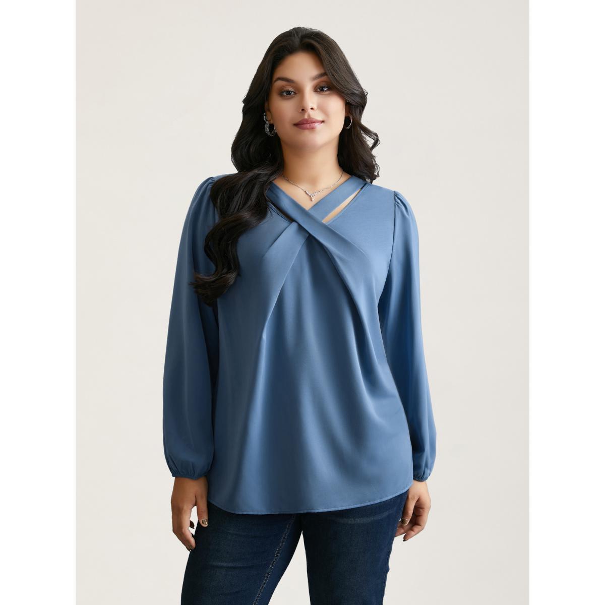 Plus Size Stone Criss Cross Neckline Puff Sleeve Gathered Blouse Women Elegant Long Sleeve Asymmetrical Neck Everyday Blouses BloomChic 10/M Product Image