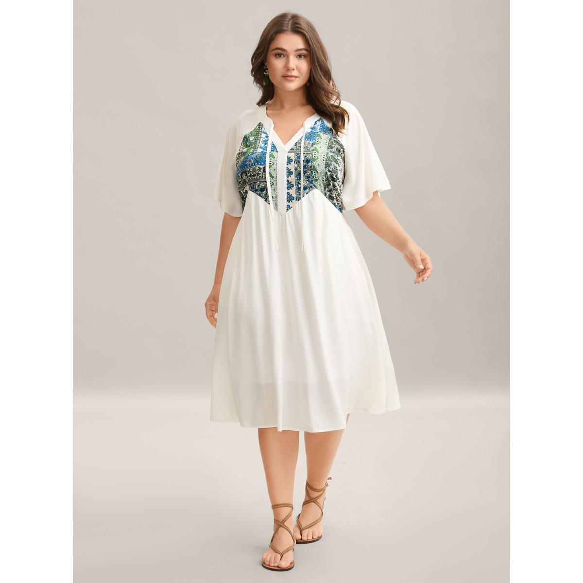 Plus Size Rayon Boho Print Asymmetrical Waist Midi Dress Skyblue Women Flat collar with V-notch Sleeveless Curvy BloomChic 18-20/2X Product Image