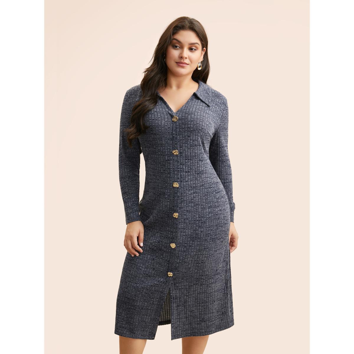 Plus Size Textured Buckle Detail Split Hem Dress Indigo Women At the Office Texture Shirt collar Long Sleeve Curvy BloomChic 22-24/3X Product Image