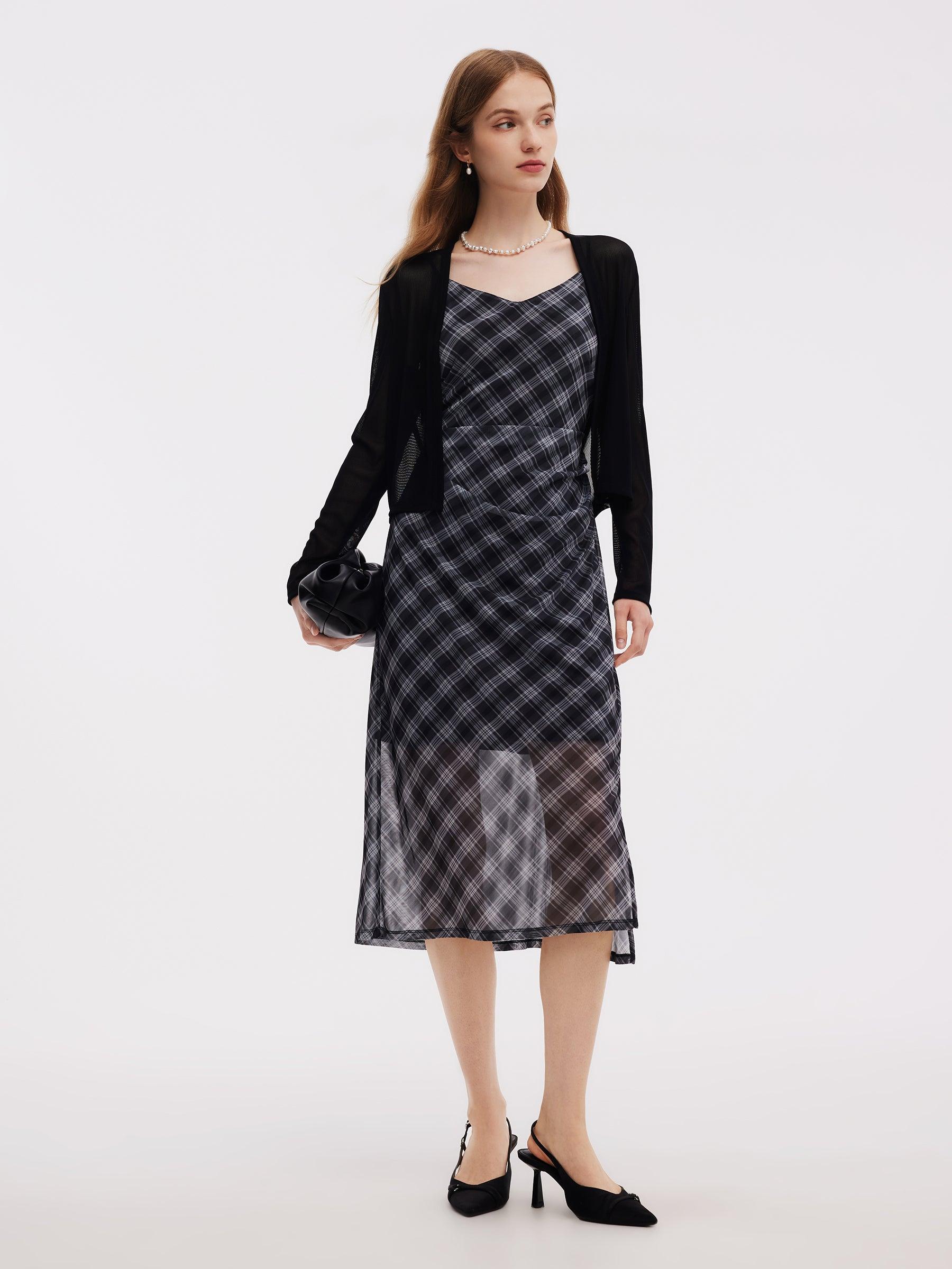 Plaid Adjustable Straps Slip Midi Dress And Cardigan Two-Piece Set Product Image