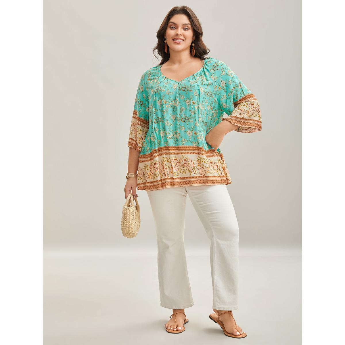 Plus Size Malachitegreen Boho Print Neck Ties Relaxed Fit Shirt Women Resort Elbow-length sleeve V-neck Vacation Blouses BloomChic 30/6X Product Image
