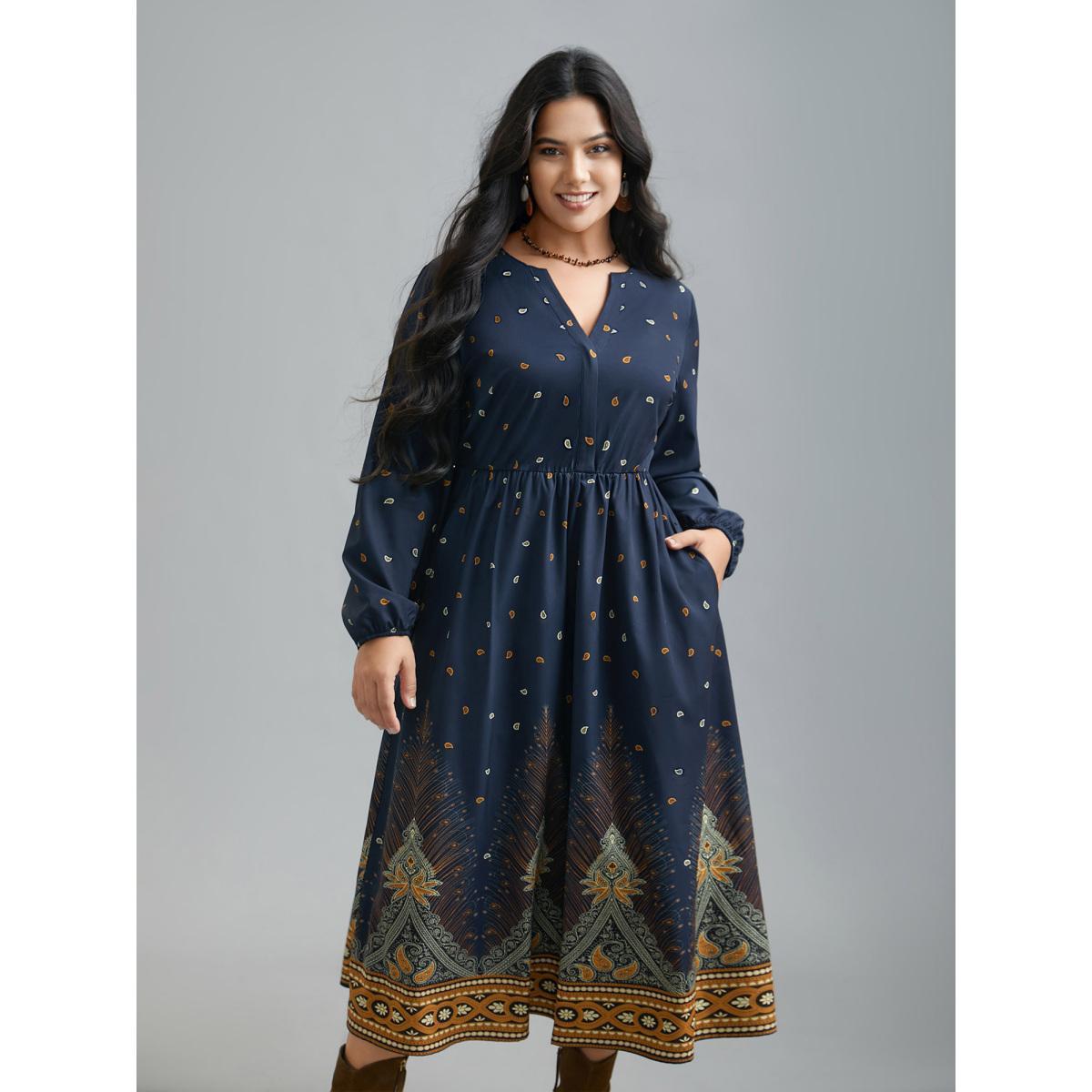 Plus Size Notched Collar Boho Print Contrast Dress Navy Women Resort Non Flat collar with V-notch Long Sleeve Curvy BloomChic 12/L Product Image