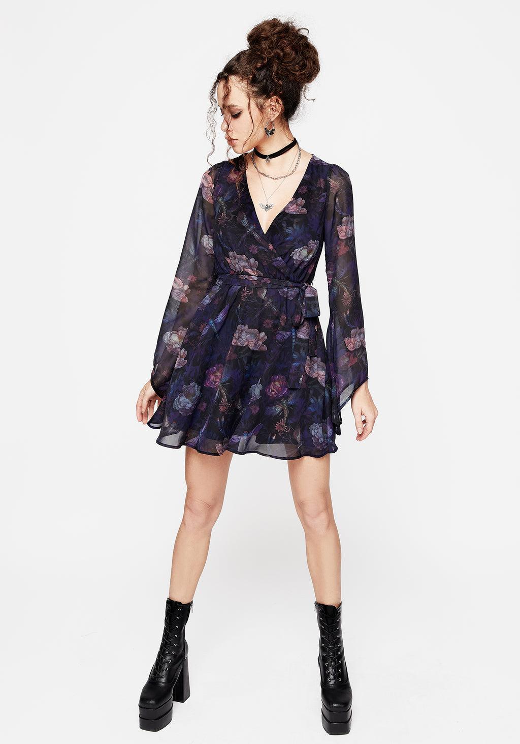 Dragonfly Floral Print Flute Sleeve Chiffon Mini Dress Product Image