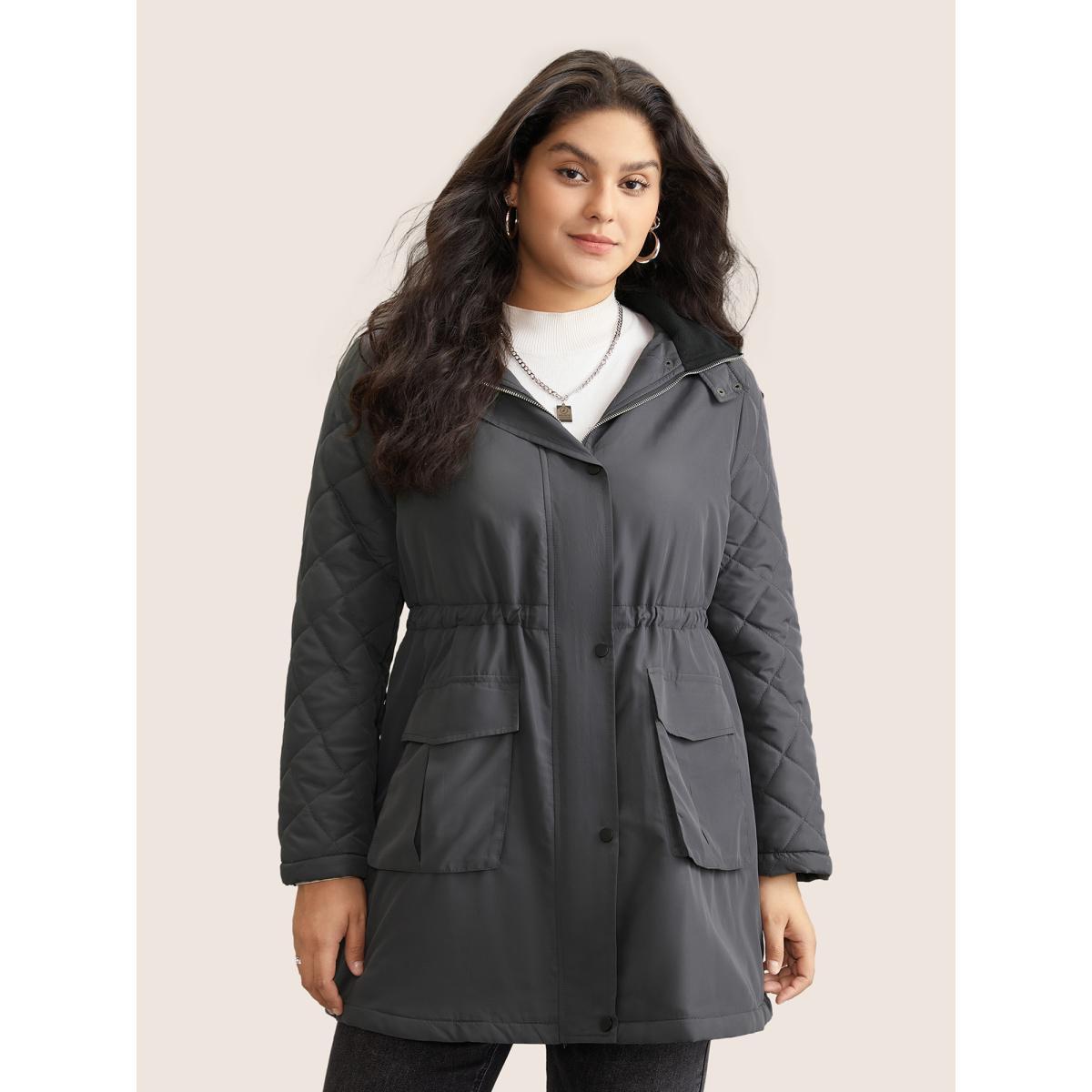 Plus Size Solid Flap Detail Elastic Waist Quilted Coat Women DimGray Casual Lined Ladies Dailywear Winter Coats BloomChic 22-24/3X Product Image