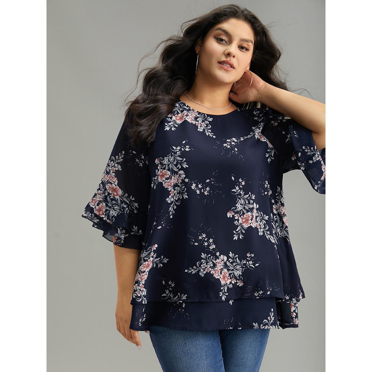 Plus Size Indigo Floral Chiffon Ruffle Sleeve Mesh Patchwork Blouse Women Elegant Elbow-length sleeve Round Neck Everyday Blouses BloomChic 22-24/3X Product Image