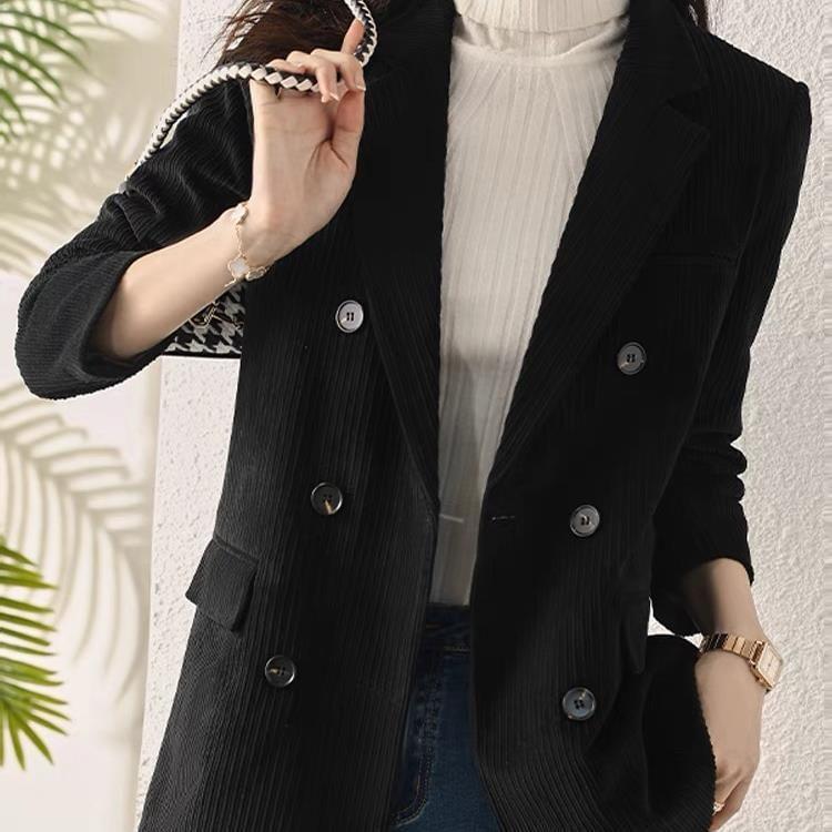 Lapel Collared Corduroy Double-Breasted Long Blazer Product Image