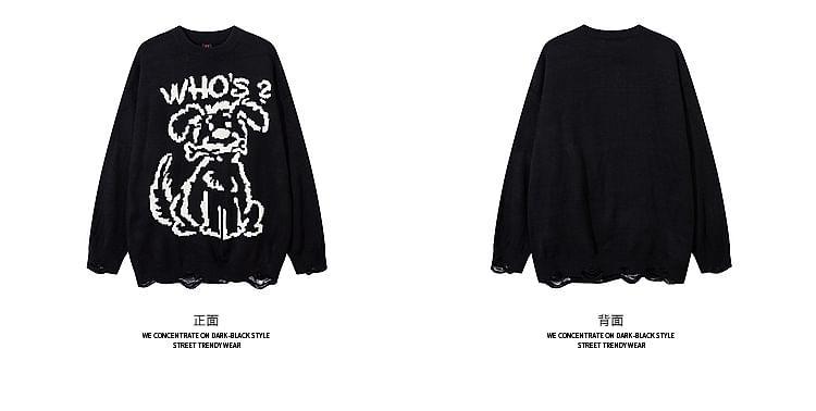 Long-Sleeve Round Neck Dog Print Distressed Sweater Product Image